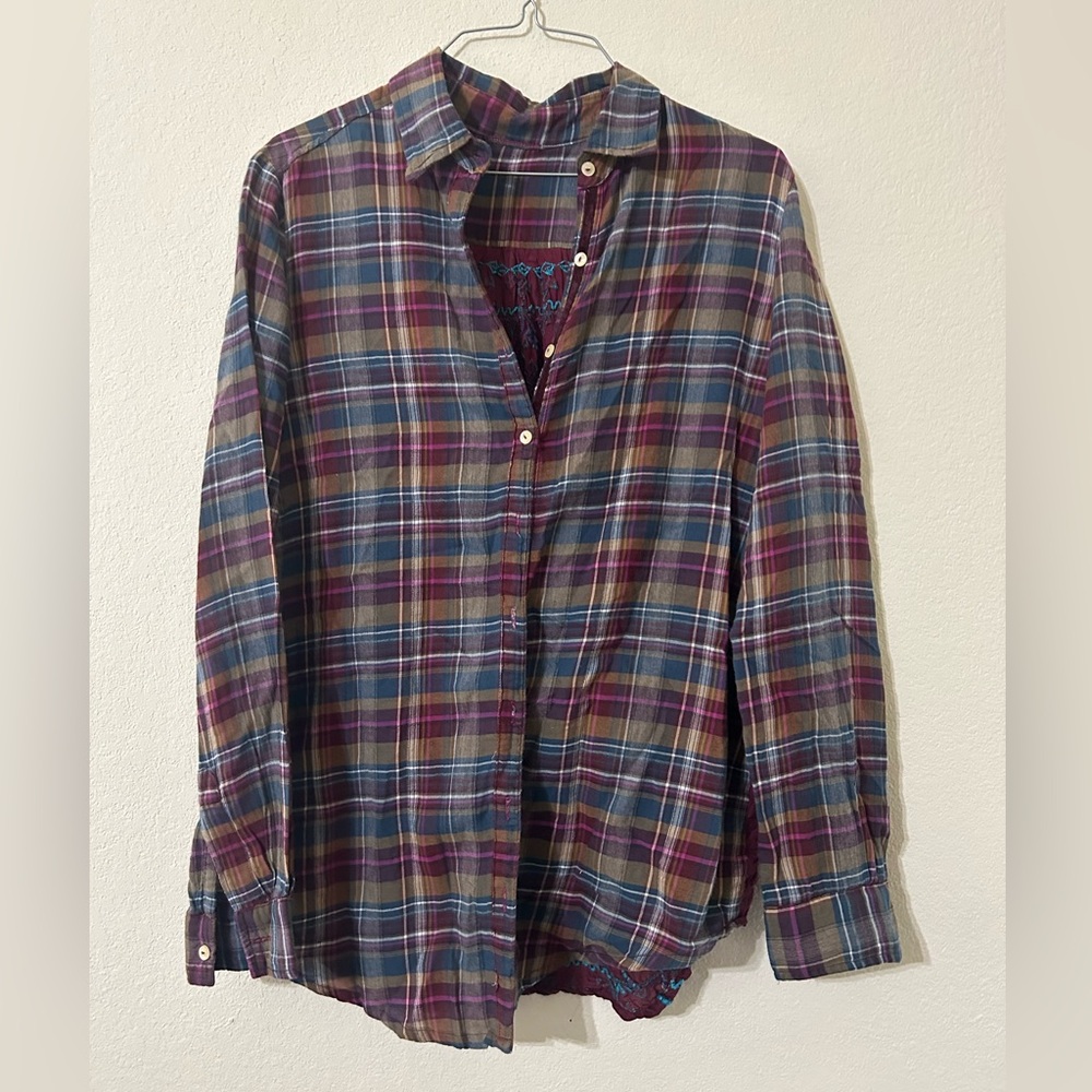 Johnny Was Multicolor Plaid Button-Down Shirt (Blue, Purple, Green, Brown)